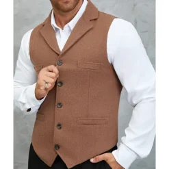 Men's Vest Waistcoat Gilet Vacation Party Business Fashion Casual Spring Fall Buttons Pocket Woolen Comfortable Solid Color Single Breasted One-button Flat collar Regular Fit Brown Army Green Gray