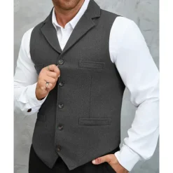 Men's Vest Waistcoat Gilet Vacation Party Business Fashion Casual Spring Fall Buttons Pocket Woolen Comfortable Solid Color Single Breasted One-button Flat collar Regular Fit Brown Army Green Gray
