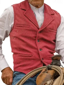 Men's Vest Waistcoat Gilet Vacation Daily Wedding Party Date Fashion Casual Spring Fall Buttons Pocket Polyester Comfortable Plain Single Breasted One-button Lapel Regular Fit Silver Black Red