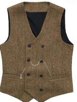 Men's Vest Waistcoat Gilet Vacation Daily Wedding Party Date Fashion Casual Spring Fall Buttons Pocket Polyester Comfortable Plain Double Breasted V Neck Regular Fit Silver Black Red Burgundy Vest