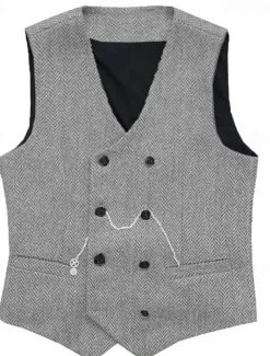 Men's Vest Waistcoat Gilet Vacation Daily Wedding Party Date Fashion Casual Spring Fall Buttons Pocket Polyester Comfortable Plain Double Breasted V Neck Regular Fit Silver Black Red Burgundy Vest