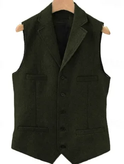 Men's Vest Waistcoat Gilet Vacation Daily Wedding Party Date Fashion Casual Spring Fall Buttons Pocket Polyester Comfortable Plain Single Breasted One-button Lapel Regular Fit Black Navy Blue Dark