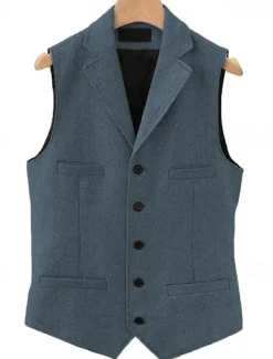 Men's Vest Waistcoat Gilet Vacation Daily Wedding Party Date Fashion Casual Spring Fall Buttons Pocket Polyester Comfortable Plain Single Breasted One-button Lapel Regular Fit Black Navy Blue Dark
