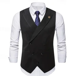 Men's Vest Waistcoat Gilet Vacation Party Business Fashion Casual Summer Spring Buttons Pocket Polyester Comfortable Plain Double Breasted Lapel Regular Fit Black Beige Coffee Vest