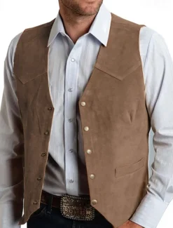 Men's Vest Waistcoat Gilet Vacation Daily Wedding Party Date Fashion Casual Spring Fall Buttons Pocket Nylon Comfortable Plain Single Breasted One-button V Neck Regular Fit Black Light Brown Coffee