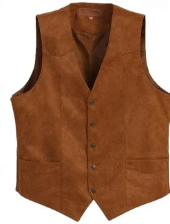 Men's Vest Waistcoat Gilet Vacation Daily Wedding Party Date Fashion Casual Spring Fall Buttons Pocket Nylon Comfortable Plain Single Breasted One-button V Neck Regular Fit Black Light Brown Coffee