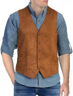 Men's Vest Waistcoat Gilet Vacation Daily Wedding Party Date Fashion Casual Spring Fall Buttons Pocket Nylon Comfortable Plain Single Breasted One-button V Neck Regular Fit Black Light Brown Coffee