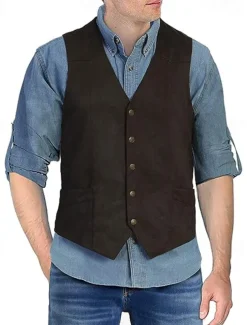 Men's Vest Waistcoat Gilet Vacation Daily Wedding Party Date Fashion Casual Spring Fall Buttons Pocket Nylon Comfortable Plain Single Breasted One-button V Neck Regular Fit Black Light Brown Coffee