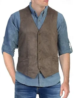 Men's Vest Waistcoat Gilet Vacation Daily Wedding Party Date Fashion Casual Spring Fall Buttons Pocket Nylon Comfortable Plain Single Breasted One-button V Neck Regular Fit Black Light Brown Coffee