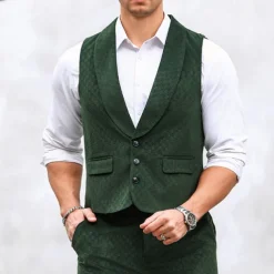 Men's Vest Waistcoat Gilet Vacation Party Business Fashion Casual Summer Spring Buttons Pocket Polyester Comfortable Plain Single Breasted Lapel Regular Fit Dark Green Vest