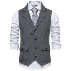 Men's Vest Waistcoat Wedding Party / Evening Vintage Retro Spring Fall Pocket Polyester Warm Solid Color Single Breasted Regular Fit Navy Blue Dark Green Coffee Gray Vest