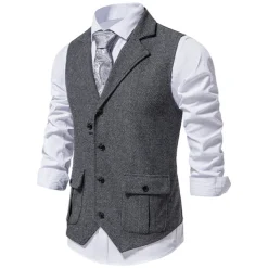 Men's Vest Waistcoat Wedding Party / Evening Vintage Retro Spring Fall Pocket Polyester Warm Solid Color Single Breasted Regular Fit Navy Blue Dark Green Coffee Gray Vest