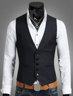 Men's Vest Waistcoat Wedding Work 1920s Smart Casual Polyester Solid Colored Slim Black Navy Blue Brown Vest