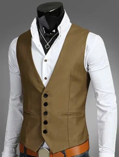 Men's Vest Waistcoat Wedding Work 1920s Smart Casual Polyester Solid Colored Slim Black Navy Blue Brown Vest