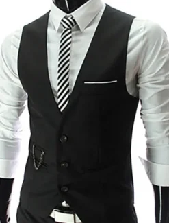 Men's Vest Waistcoat Wedding Work Business Casual Smart Casual Cotton Polyester Solid Colored V Neck Slim Black Vest