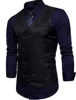 Men's Vest Waistcoat Wedding Work Business Casual Smart Casual Polyester Solid Colored V Neck Black White Wine Navy Blue Vest