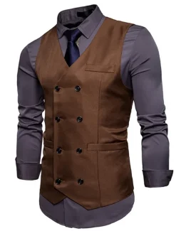 Men's Vest Waistcoat Wedding Work Business Casual Smart Casual Polyester Solid Colored V Neck Black White Wine Navy Blue Vest