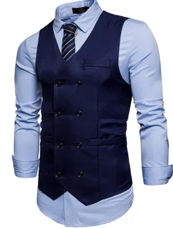 Men's Vest Waistcoat Wedding Work Business Casual Smart Casual Polyester Solid Colored V Neck Black White Wine Navy Blue Vest