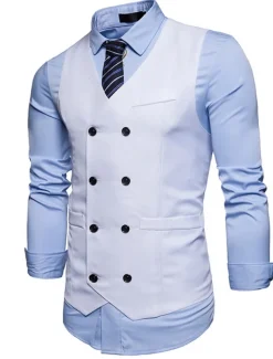 Men's Vest Waistcoat Wedding Work Business Casual Smart Casual Polyester Solid Colored V Neck Black White Wine Navy Blue Vest