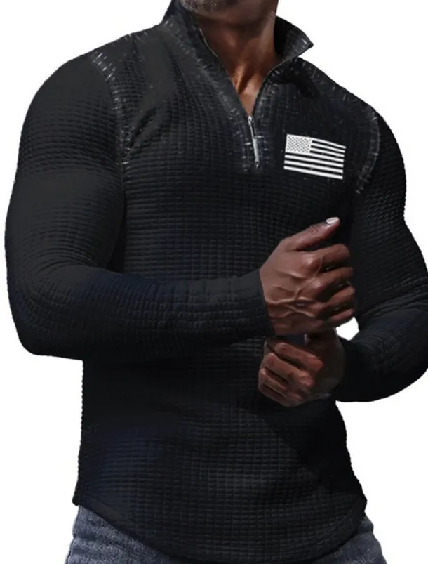 Men's Veterans Patriotic Waffle Polo Shirts Golf Polos Shirts Long Sleeve Polo Shirts Turndown Zip Business Outdoor Casual Daily Streetwear 3D Print Fall & Winter Black White Khaki