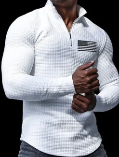 Men's Veterans Patriotic Waffle Polo Shirts Golf Polos Shirts Long Sleeve Polo Shirts Turndown Zip Business Outdoor Casual Daily Streetwear 3D Print Fall & Winter Black White Khaki