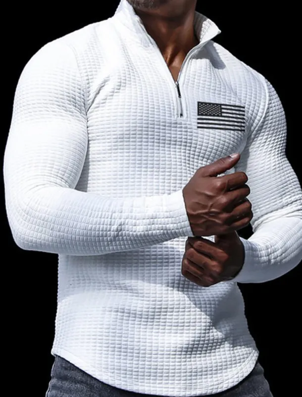 Men's Veterans Patriotic Waffle Polo Shirts Golf Polos Shirts Long Sleeve Polo Shirts Turndown Zip Business Outdoor Casual Daily Streetwear 3D Print Fall & Winter Black White Khaki