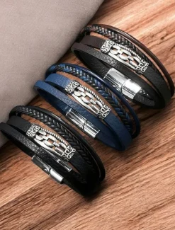 Men's Viking Style Faux Leather Multilayer Bracelet – Braided Design with Stainless Steel Charm, Adjustable Nordic Wristband for Casual and Formal Occasions