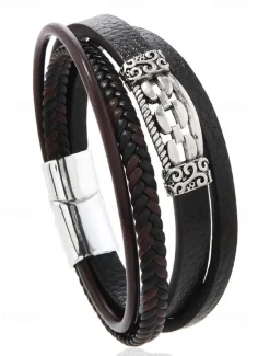 Men's Viking Style Faux Leather Multilayer Bracelet – Braided Design with Stainless Steel Charm, Adjustable Nordic Wristband for Casual and Formal Occasions