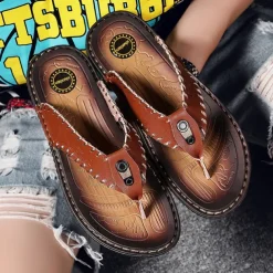 Men's Vintage Brown Faux Leather Flip Flops - Handmade Open-Toe Summer Sandals with Non-Slip Sole for Beach, Travel and Casual Wear