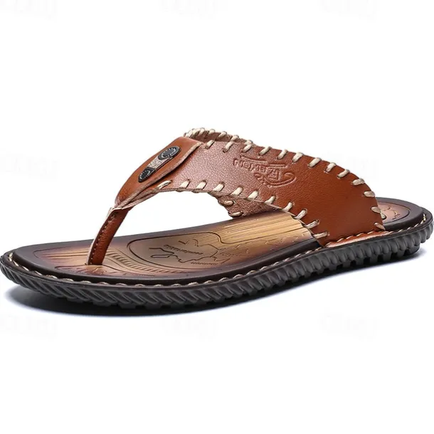 Men's Vintage Brown Faux Leather Flip Flops - Handmade Open-Toe Summer Sandals with Non-Slip Sole for Beach, Travel and Casual Wear