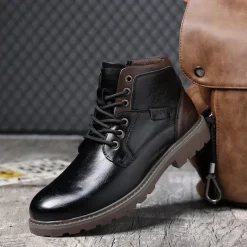 Men's Vintage Brown Faux Leather Ankle Boots – Classic Lace-Up Design with Rugged Sole for Work & Casual Wear