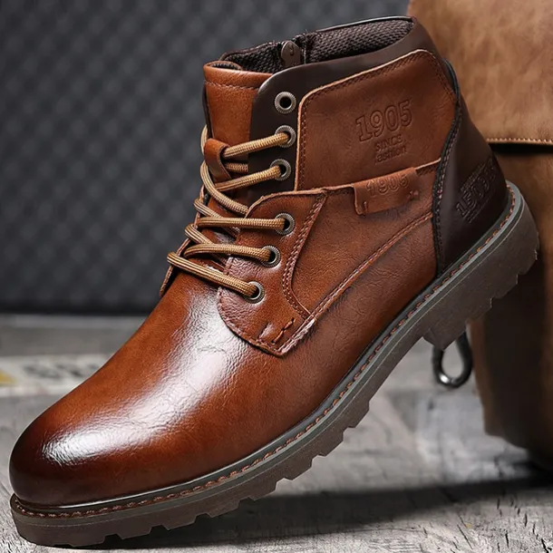Men's Vintage Brown Faux Leather Ankle Boots – Classic Lace-Up Design with Rugged Sole for Work & Casual Wear