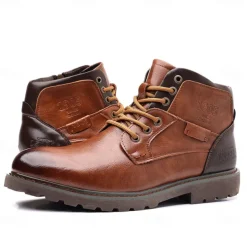 Men's Vintage Brown Faux Leather Ankle Boots – Classic Lace-Up Design with Rugged Sole for Work & Casual Wear