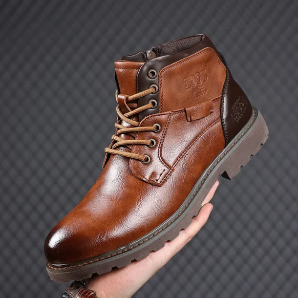 Men's Vintage Brown Faux Leather Ankle Boots – Classic Lace-Up Design with Rugged Sole for Work & Casual Wear