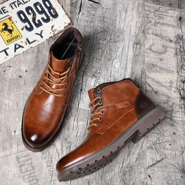 Men's Vintage Brown Faux Leather Ankle Boots – Classic Lace-Up Design with Rugged Sole for Work & Casual Wear