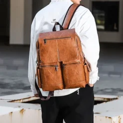 Men's Vintage Brown Faux Leather Backpack with Multi-Zipper Pockets, Large Capacity Travel and Laptop Bag for Work, School, and Casual Daily Use
