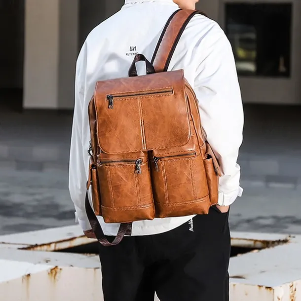 Men's Vintage Brown Faux Leather Backpack with Multi-Zipper Pockets, Large Capacity Travel and Laptop Bag for Work, School, and Casual Daily Use