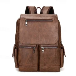 Men's Vintage Brown Faux Leather Backpack with Multi-Zipper Pockets, Large Capacity Travel and Laptop Bag for Work, School, and Casual Daily Use