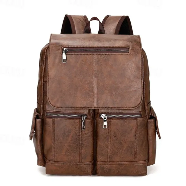 Men's Vintage Brown Faux Leather Backpack with Multi-Zipper Pockets, Large Capacity Travel and Laptop Bag for Work, School, and Casual Daily Use