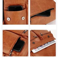 Men's Vintage Brown Faux Leather Backpack with Multi-Zipper Pockets, Large Capacity Travel and Laptop Bag for Work, School, and Casual Daily Use