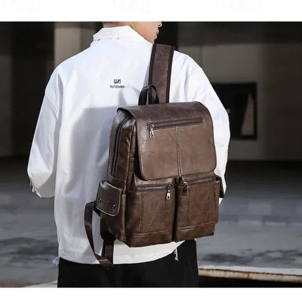 Men's Vintage Brown Faux Leather Backpack with Multi-Zipper Pockets, Large Capacity Travel and Laptop Bag for Work, School, and Casual Daily Use