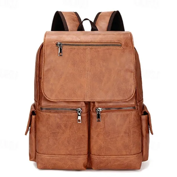 Men's Vintage Brown Faux Leather Backpack with Multi-Zipper Pockets, Large Capacity Travel and Laptop Bag for Work, School, and Casual Daily Use