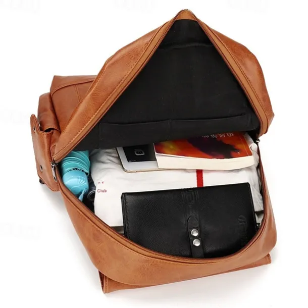 Men's Vintage Brown Faux Leather Backpack with Multi-Zipper Pockets, Large Capacity Travel and Laptop Bag for Work, School, and Casual Daily Use