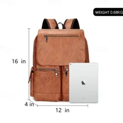 Men's Vintage Brown Faux Leather Backpack with Multi-Zipper Pockets, Large Capacity Travel and Laptop Bag for Work, School, and Casual Daily Use