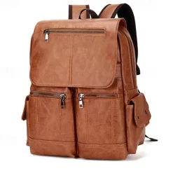 Men's Vintage Brown Faux Leather Backpack with Multi-Zipper Pockets, Large Capacity Travel and Laptop Bag for Work, School, and Casual Daily Use