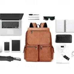 Men's Vintage Brown Faux Leather Backpack with Multi-Zipper Pockets, Large Capacity Travel and Laptop Bag for Work, School, and Casual Daily Use