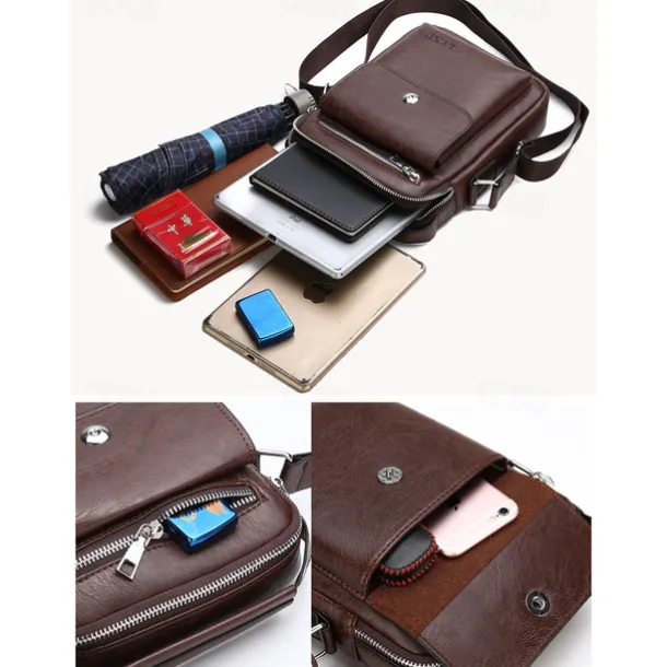 Men's Vintage Brown Faux Leather Crossbody Bag – Compact Shoulder Bag with Multiple Pockets for Travel, Work, and Everyday Use