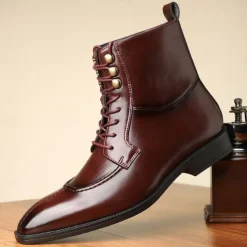Men's Vintage Brown Faux Leather Ankle Boots - Classic Lace-Up Design with Polished Finish for Formal and Casual Wear