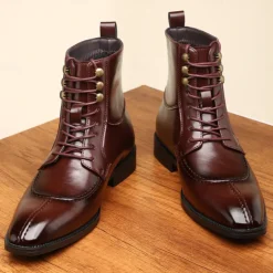 Men's Vintage Brown Faux Leather Ankle Boots - Classic Lace-Up Design with Polished Finish for Formal and Casual Wear