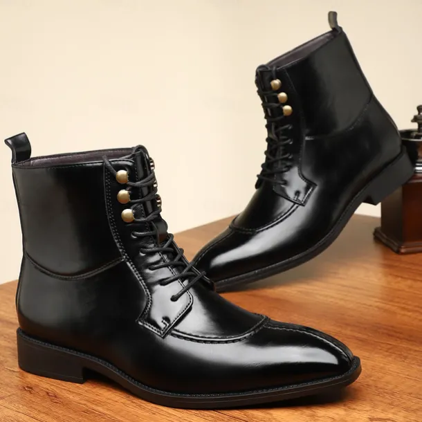 Men's Vintage Brown Faux Leather Ankle Boots - Classic Lace-Up Design with Polished Finish for Formal and Casual Wear